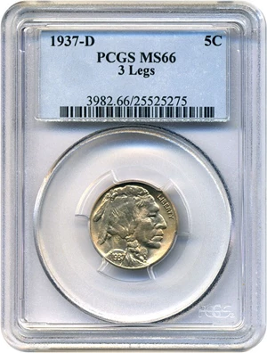image for: 1937-D 5c PCGS MS66 (3 Legged) * Finest Known *