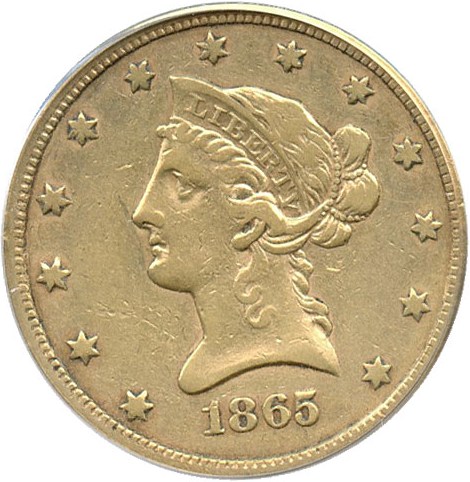 image for: 1865-S $10 PCGS VF25