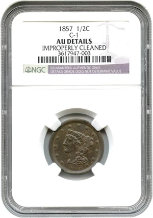 image for: 1857 1/2c NGC AU Details (Improperly Cleaned)
