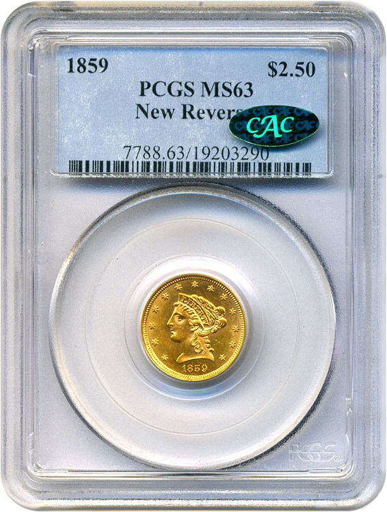 image for: 1859 $2 1/2 PCGS/CAC MS63 (New Reverse)