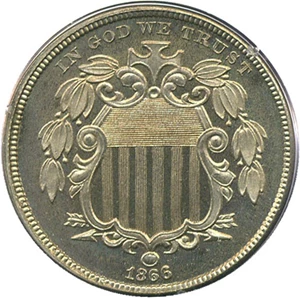 image for: 1866 5c PCGS/CAC Proof 65 (Rays) * Rattler Holder *