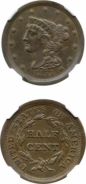 image for: 1857 1/2c NGC AU Details (Improperly Cleaned)