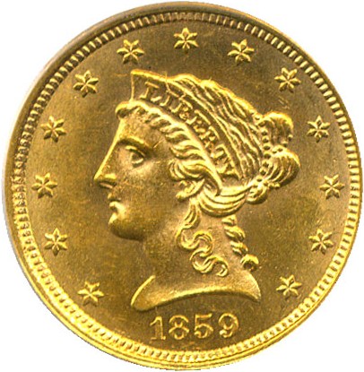 image for: 1859 $2 1/2 PCGS/CAC MS63 (New Reverse)