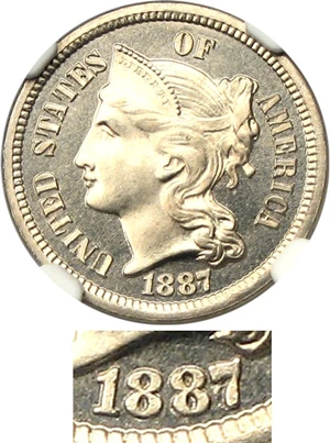 image for: 1887/6 3cN NGC Proof 64 Cameo