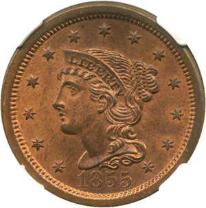 image for: 1855 1c NGC/CAC MS64 RB (Upright 55)