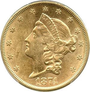 image for: 1874-S $20 PCGS MS61