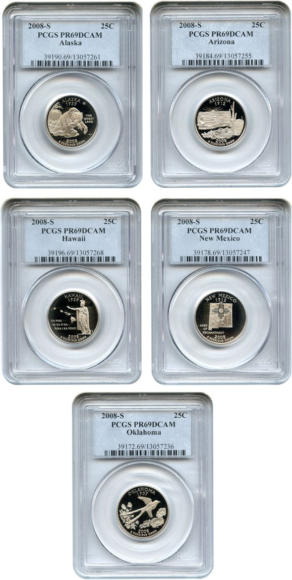 image for: 2008-S State Quarters Clad Proof Set 25c PCGS Proof 69 DCameo (5 coins)
