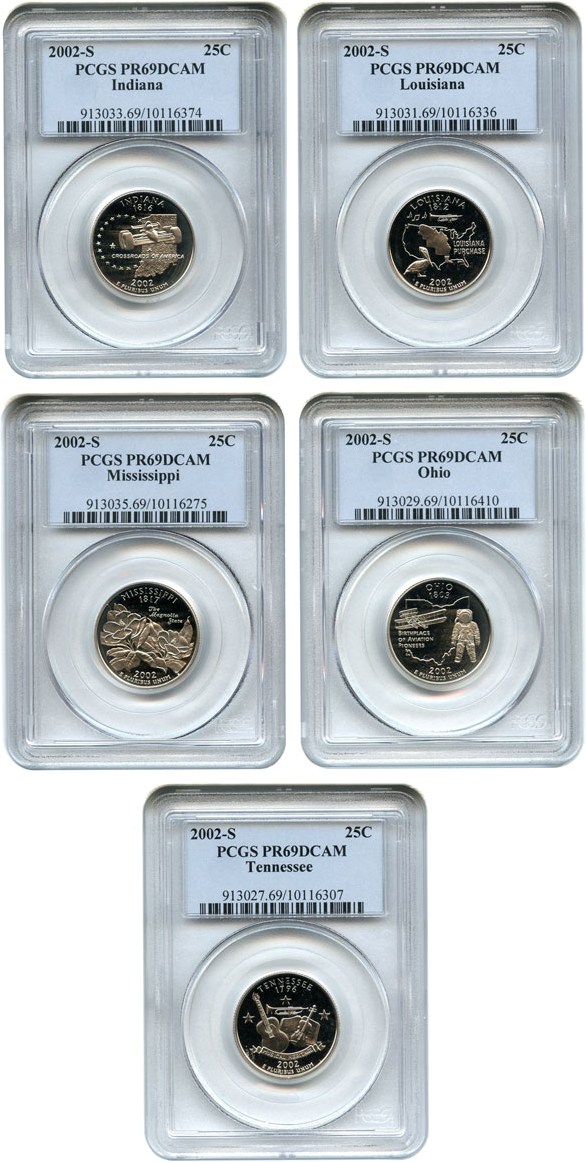 image for: 2002-S State Quarters Clad Proof Set 25c PCGS Proof 69 DCameo (5 coins)