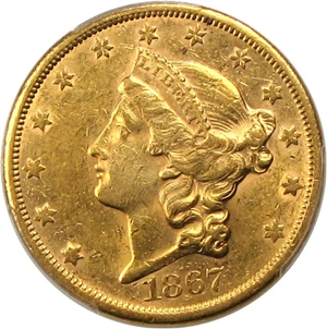 image for: 1867-S $20 PCGS/CAC AU58