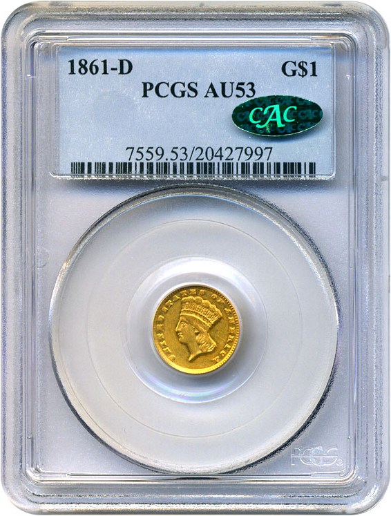 image for: 1861-D G$1 PCGS/CAC AU53 (#71 in the Top 100 Greatest U.S. Coins)