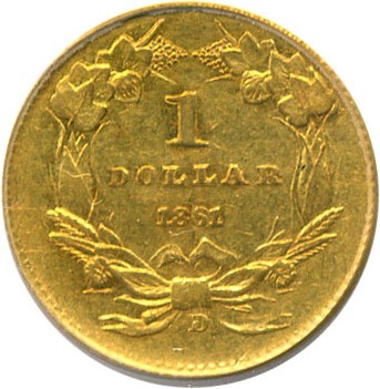 image for: 1861-D G$1 PCGS/CAC AU53 (#71 in the Top 100 Greatest U.S. Coins)