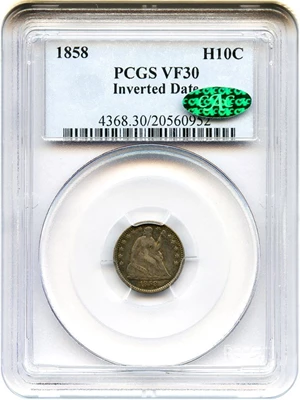 image for: 1858 H10c PCGS/CAC VF30 (Inverted Date)