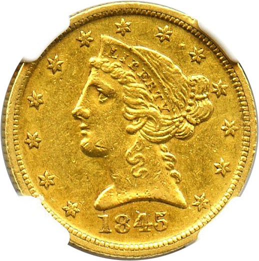 image for: 1845-D $5 NGC AU55