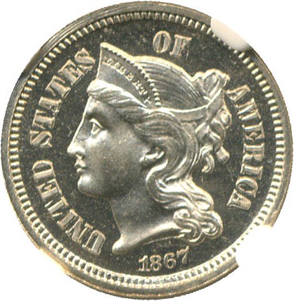 image for: 1867 3cN NGC/CAC Proof 65 Cameo