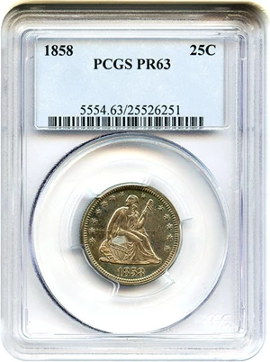 image for: 1858 25c PCGS Proof 63 * Multicolor Toning *