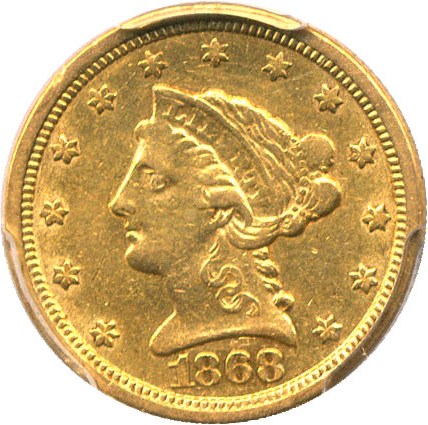 image for: 1868-S $2 1/2 PCGS AU50