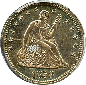 image for: 1858 25c PCGS Proof 63 * Multicolor Toning *