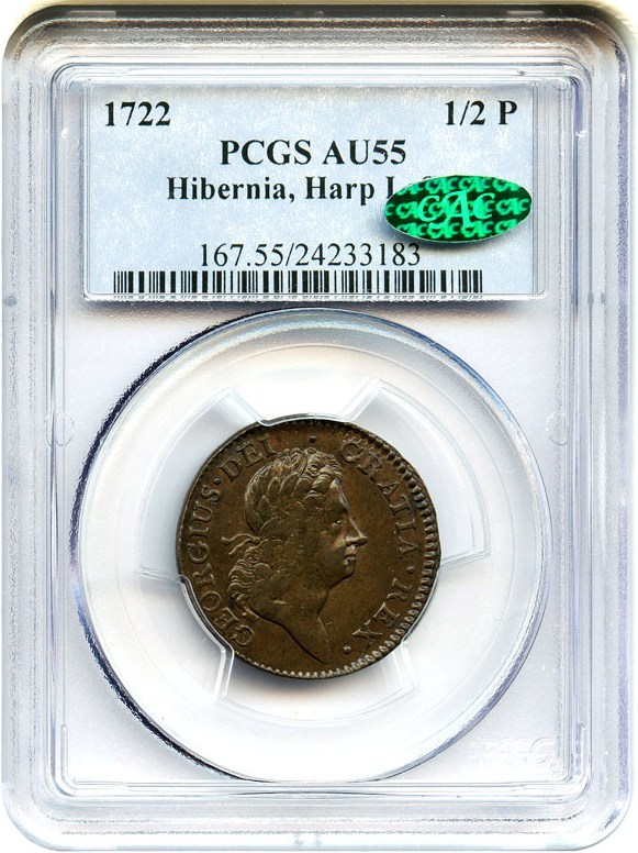 image for: 1722 Hibernia 1/2 P PCGS/CAC AU55 (Harp Left)