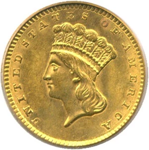 image for: 1856 G$1 PCGS MS62+ (Type 3, Slanted 5)