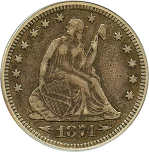 image for: 1874 25c PCGS/CAC XF40 (Arrows)