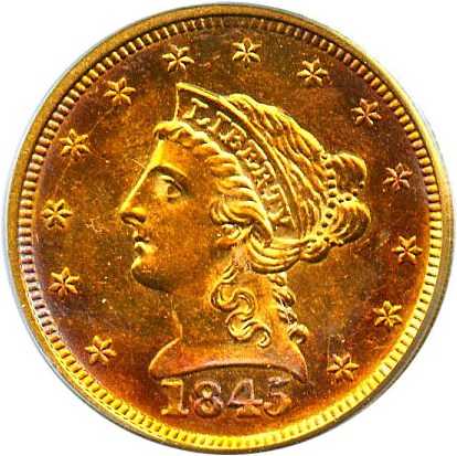 image for: 1845 $2 1/2 PCGS MS61 * Colorful Toning *
