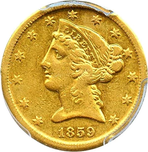 image for: 1859-D $5 PCGS AU50 (Medium D)