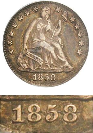 image for: 1858 H10c PCGS XF40 (Inverted Date)