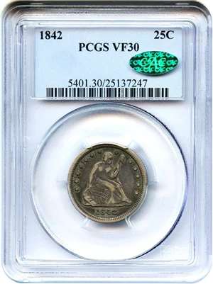 image for: 1842 25c PCGS/CAC VF30