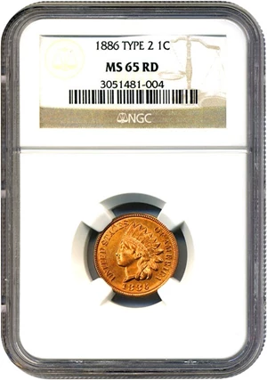 image for: 1886 1c NGC MS65 RD (Type 2) * Key Date *