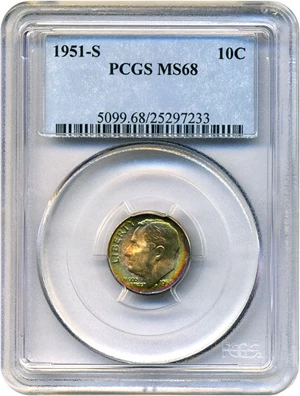 image for: 1951-S 10c PCGS MS68 * Amazing Rainbow Toning *