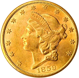 image for: 1859-S $20 PCGS MS60 * Scarce in mint state *