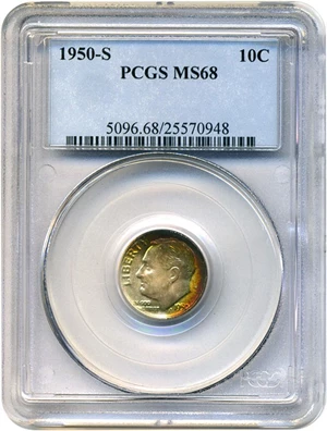 image for: 1950-S 10c PCGS MS68 * Rainbow Toning *