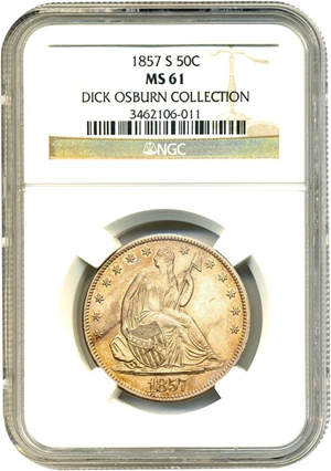 image for: 1857-S 50c NGC MS61 * Key S-mint Seated Half * ex: Dick Osburn Collection