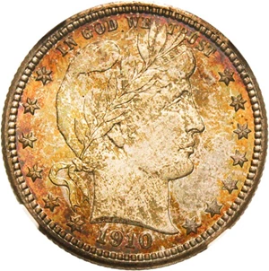 image for: 1910-D 25c NGC MS67 - Wonderful Colorful Surfaces - Tied for Finest Known