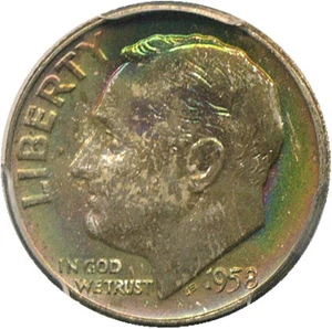 image for: 1958-D 10c PCGS MS67+ FB * Amazing Colorful Toning *