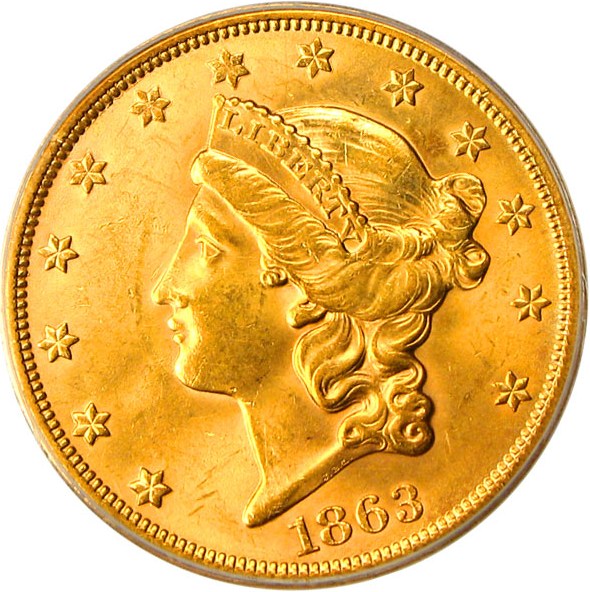 image for: 1863-S $20 PCGS/CAC MS62 * Grade rarity double eagle - Tied for Finest at CAC *