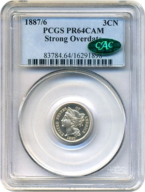 image for: 1887/6 3cN PCGS/CAC Proof 64 Cameo (Strong Overdate)