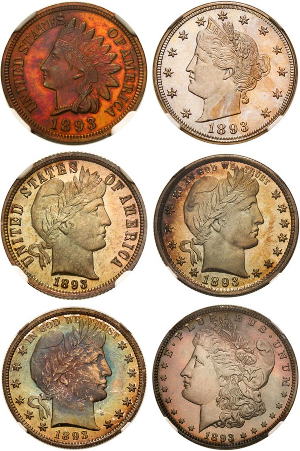 image for: Proof Set: 1893 1c-$1 NGC PF65RB, 65, 65Cam, 66, 66, 67 (6 coins, mostly CAC)