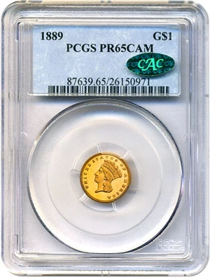 image for: 1889 G$1 PCGS/CAC Proof 65 Cameo * Rare Proof Gold Dollar *