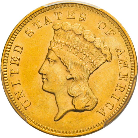 image for: 1857-S $3 PCGS AU55 * Low mintage issue *