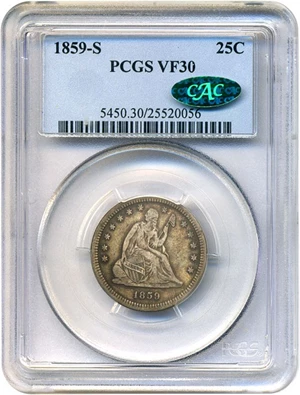 image for: 1859-S 25c PCGS/CAC VF30 * Rare Date *