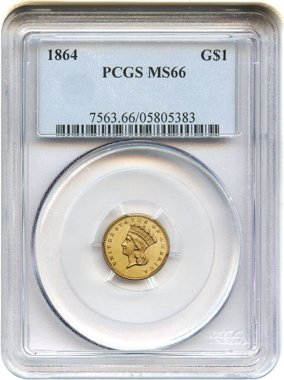 image for: 1864 G$1 PCGS MS66 - Gem Gold Dollar struck during the Civil War