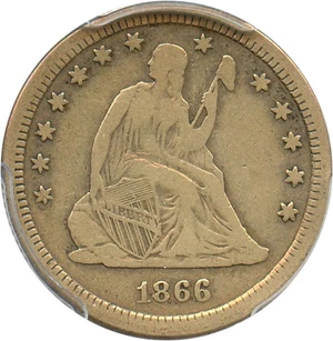 image for: 1866-S 25c PCGS VF20 - Key Date