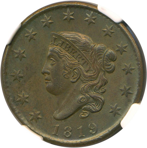 image for: 1819 1c NGC/CAC MS62 BN (Small Date, N-9)