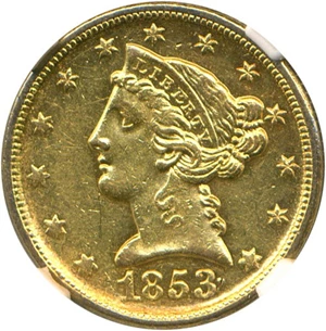 image for: 1853-D $5 NGC AU55