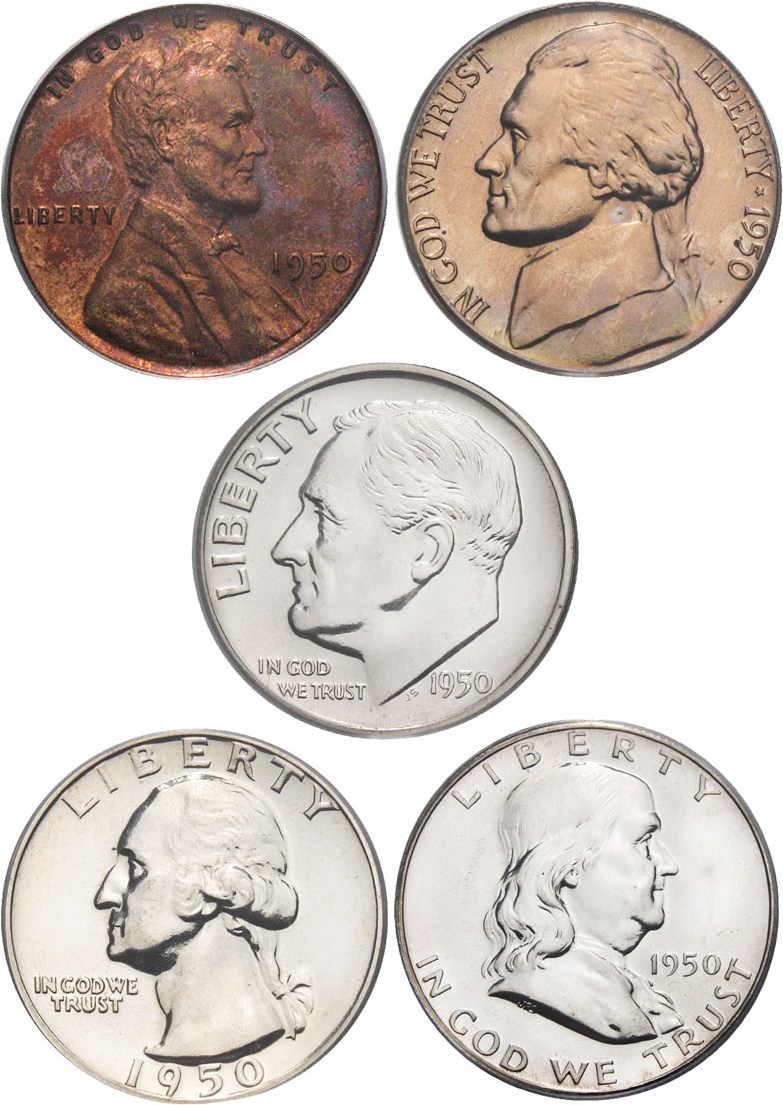 image for: 1950 Proof Set PCGS PR64RB (1c), PR66 (5c), PR66 (10c), PR66 (25c), PR62 (50c)