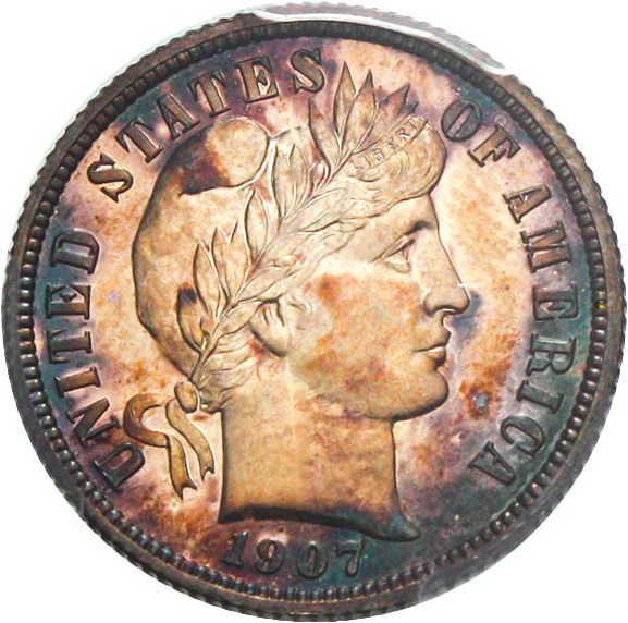 image for: 1907 10c PCGS Proof 64+ Cameo - Beautiful Toning