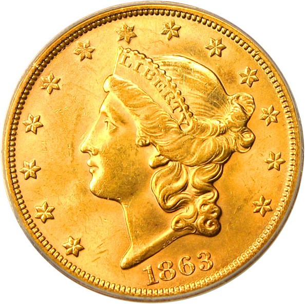 image for: 1863-S $20 PCGS/CAC MS62 * Rare Civil War S-Mint Double Eagle *