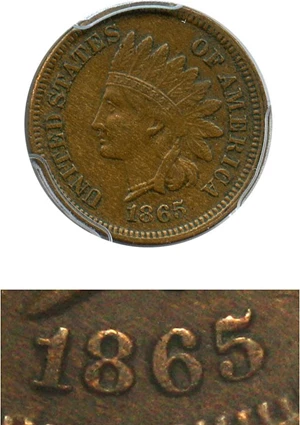 image for: 1865 1c PCGS AU50 (Fancy 5, Repunched date)