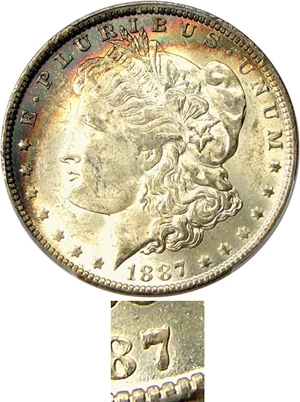 image for: 1887/6-O $1 PCGS MS62 - Crescent rainbow toning obverse